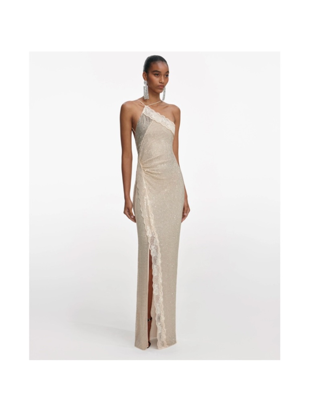 Self-Portrait Champagne Rhinestone Lace Trim Maxi Dress US 4 - Picture 5 of 9